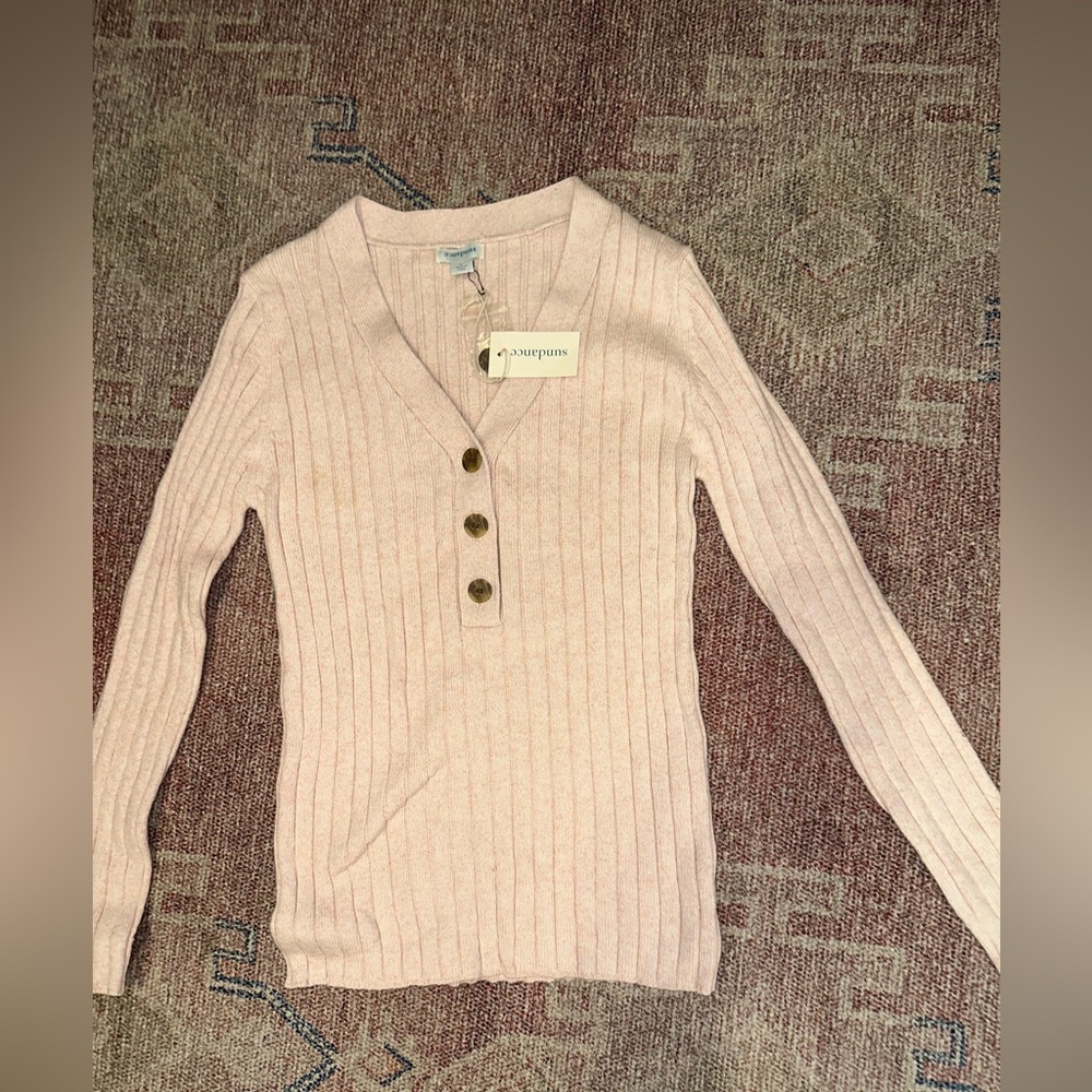 Sundance Ribbed V-Neck Button Sweater in Light Pink - Picture 2 of 11